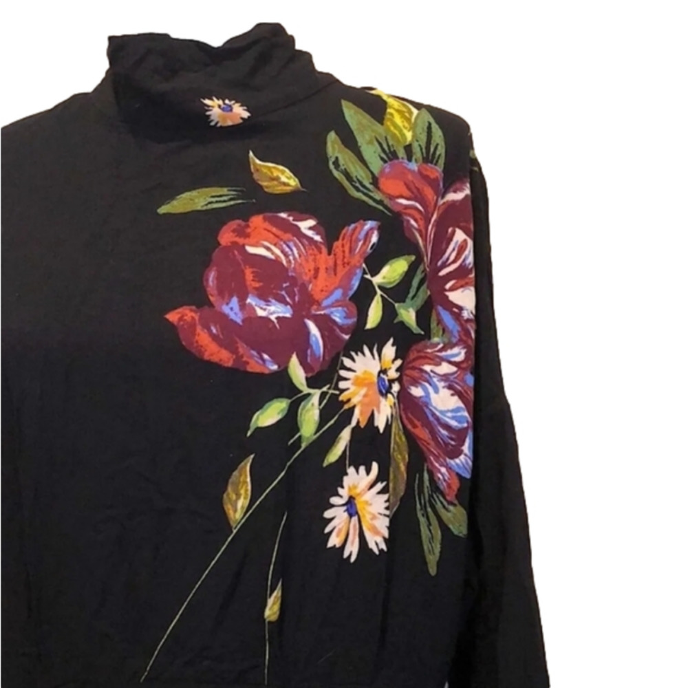 Free People Black Floral Mock Neck Open Back Tie Tunic Dress Long Sleeve M New - Picture 5 of 11